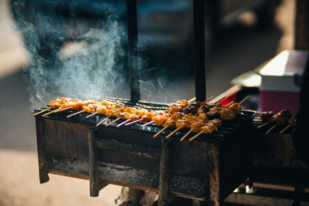 Meat on skewers grilled at street food