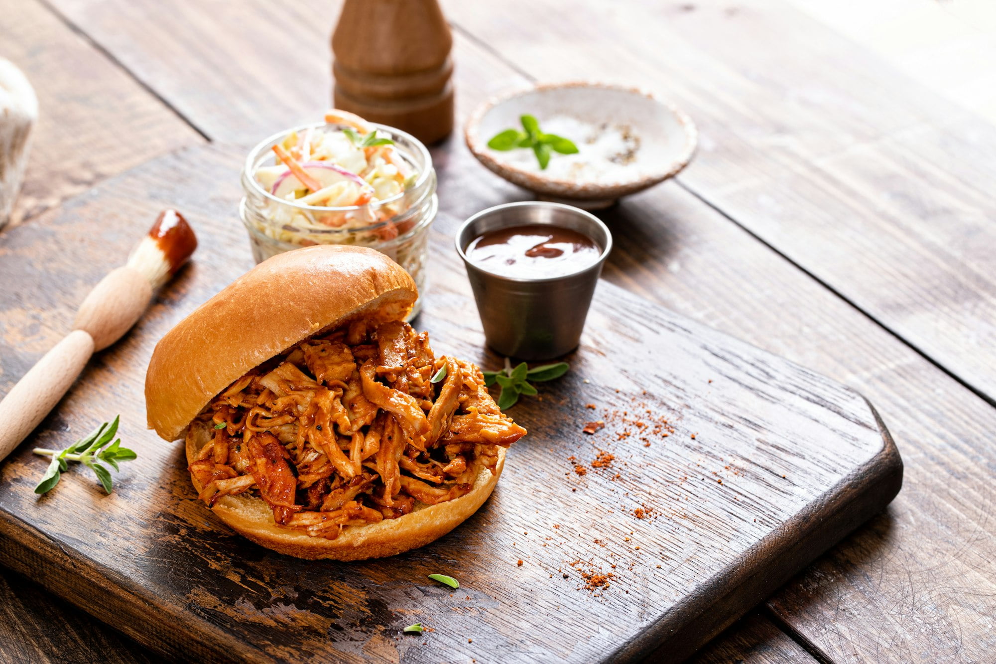 Pulled bbq chicken on a brioche bun